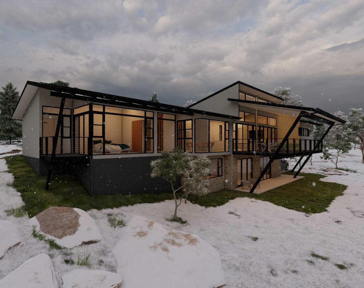 Open-plan living area in a Jindabyne home featuring double-glazed windows framing views of the Snowy Mountains.